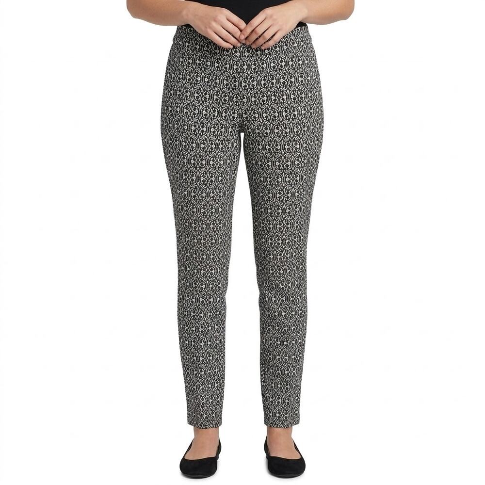 89th And Madison Black White Brocade Elastic Waist Pull On Trousers Pants size M